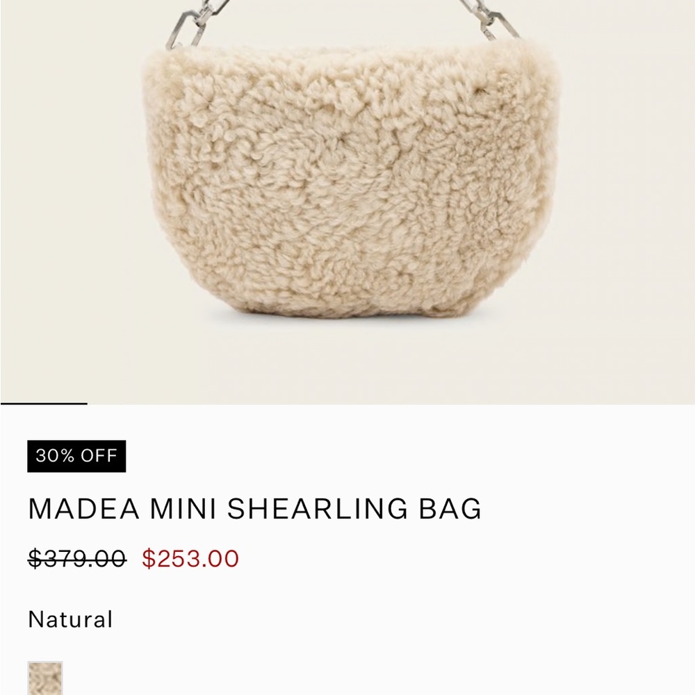 AllSaints Cream Shearling Half-Moon Shoulder Bag with Silver Chain